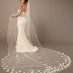 Royal cathedral wedding veil with a scatter of organza 3d flowers and pearls