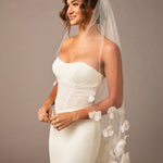 Fingertip Bridal Veil with Scattered Organza Flowers and Pearls