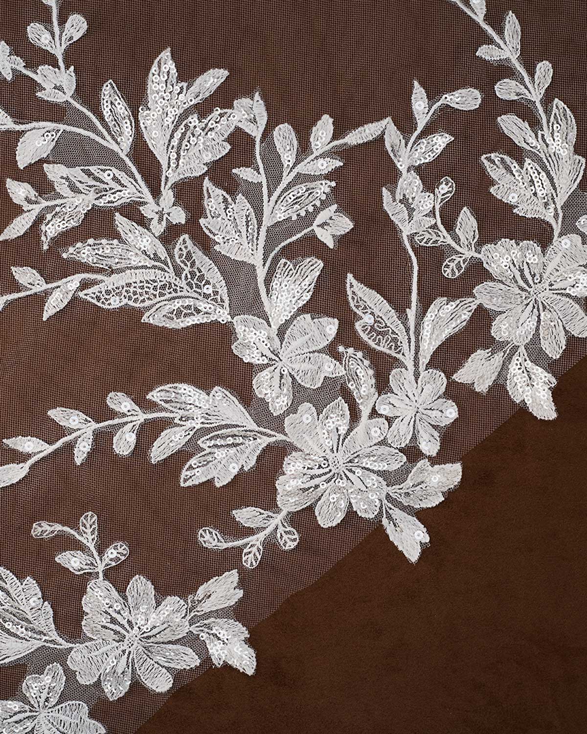 Cathedral Bridal Veil with Lace Flowers and Sequins Cassandra Lynne floral lace applique embroidered on sheer brown mesh fabric, showing detailed leaf and flower patterns.