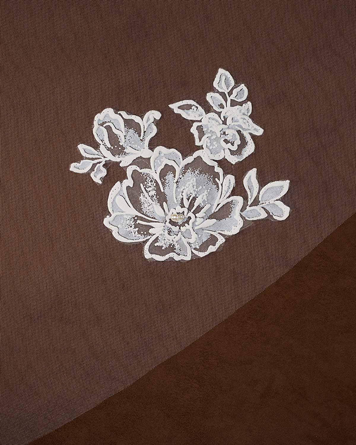 Bridal Veil with Painted Flowers and Pearls Cassandra Lynne -  Ivory painted embroidered floral lace applique on a brown sheer mesh fabric background.