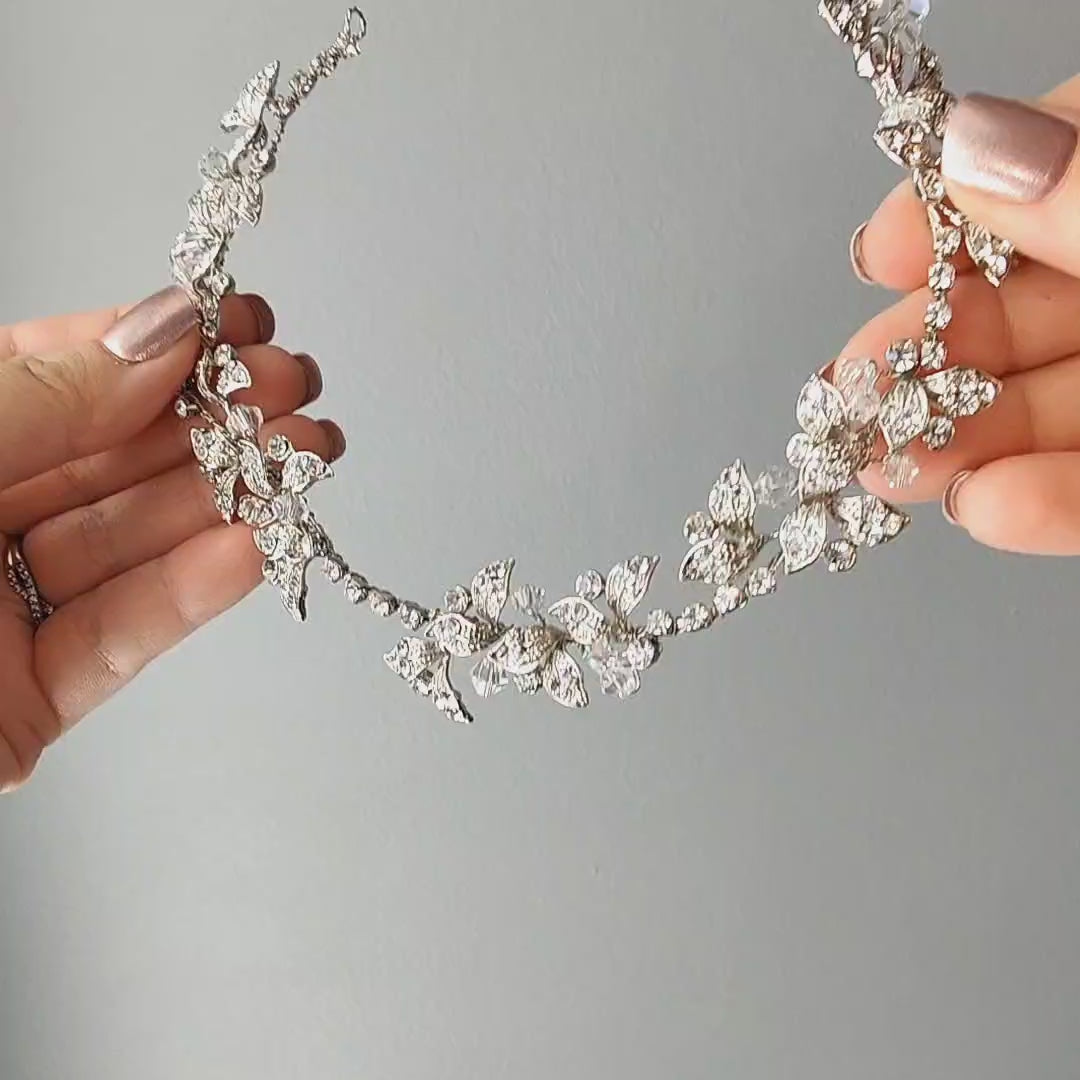 Rhodium Silver Crystal Leaves Vintage Headpiece