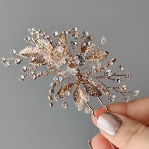 Rose Gold Bridal Hair Pin of Crystals and Leaves