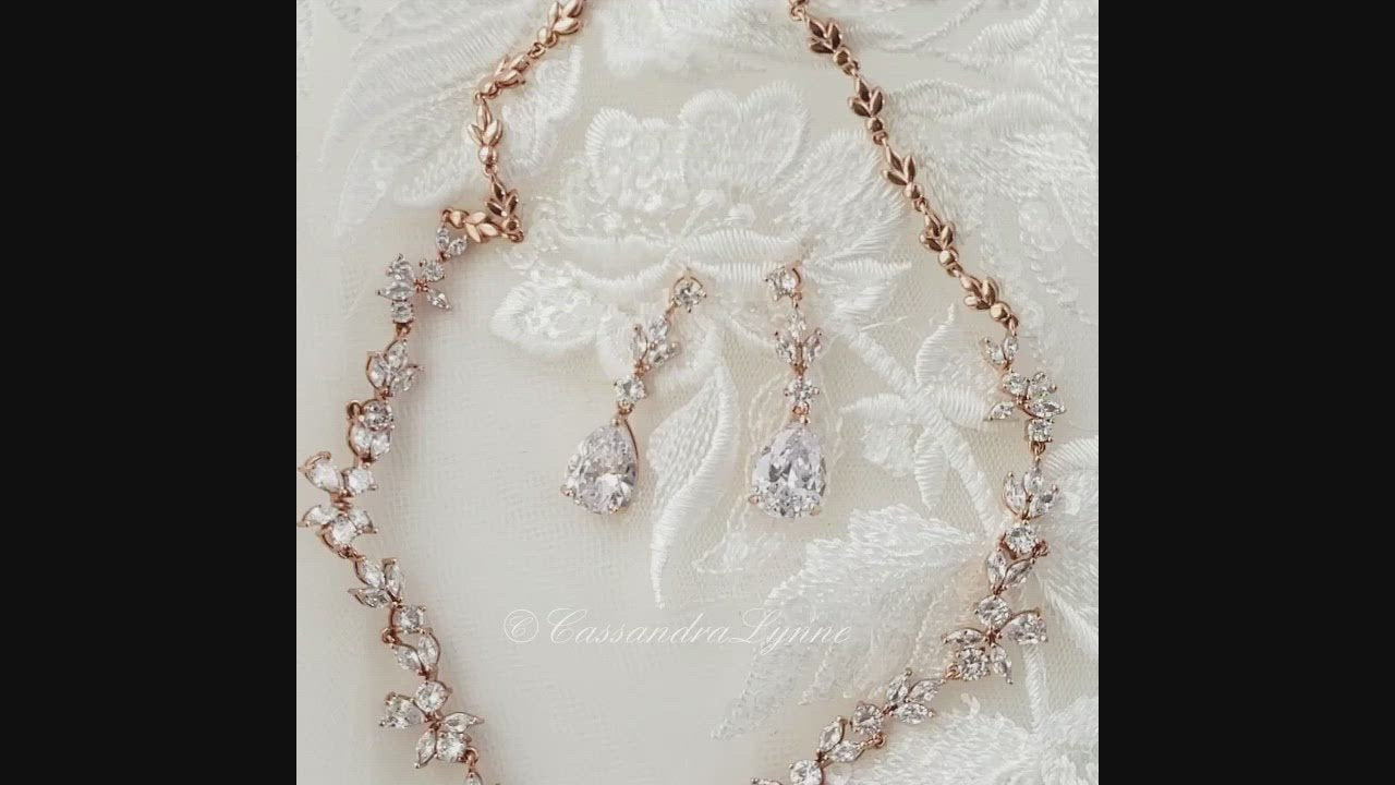 Rose Gold CZ Necklace Set Floral Design
