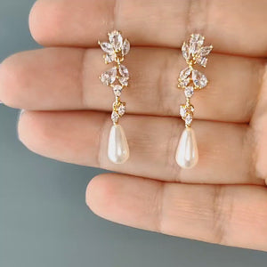 Dainty Teardrop Pearl Drop CZ Earrings