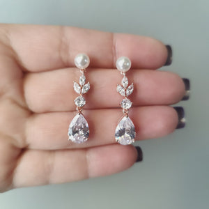 Pearl pear drop CZ earrings for the bride
