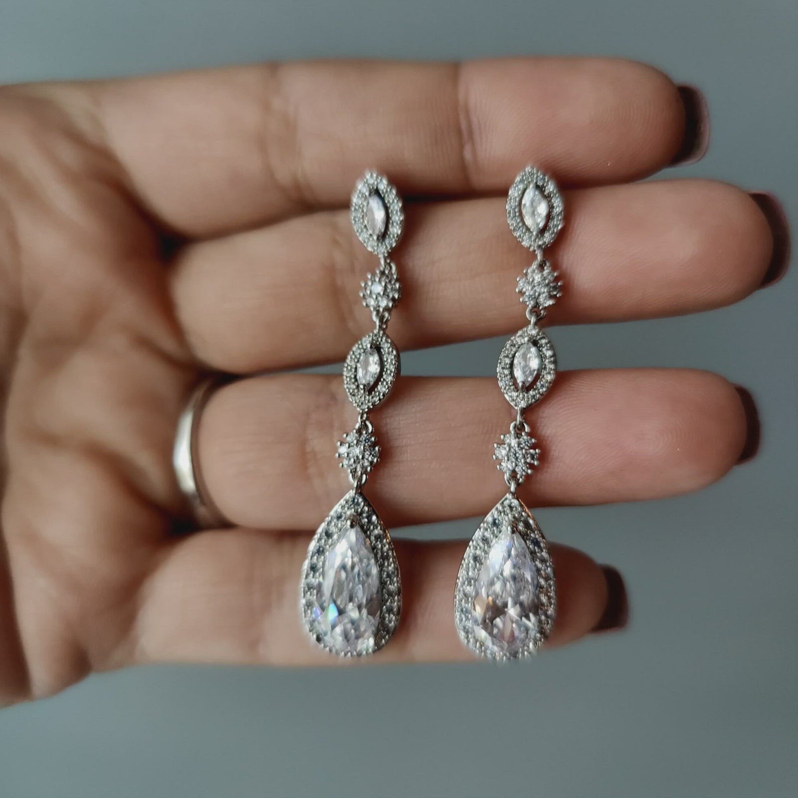 CZ Wedding Earrings of Elongated Teardrops