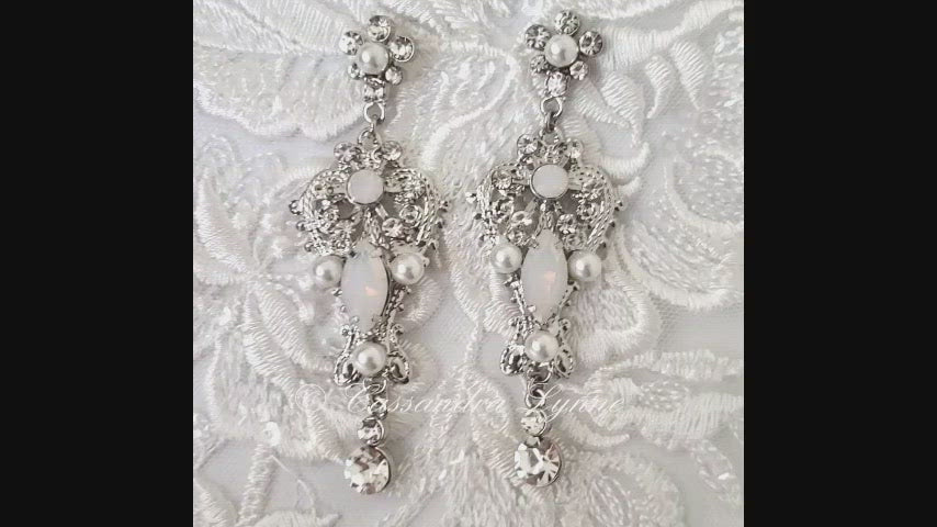 Filigree Opal and Pearl Wedding Earrings