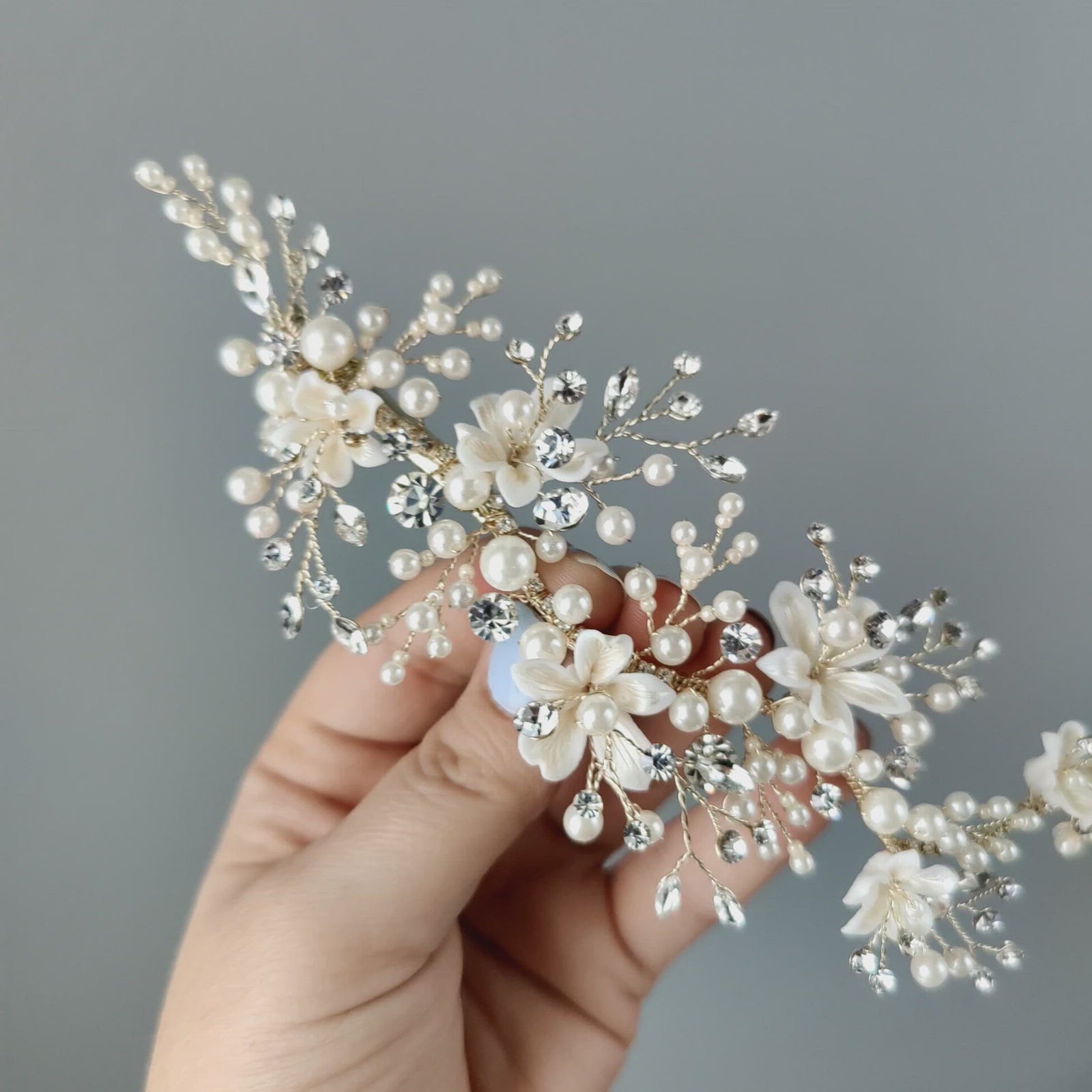 Bridal Veil Comb of Porcelain Flowers and Light Gold Leaves - Cassandra  Lynne