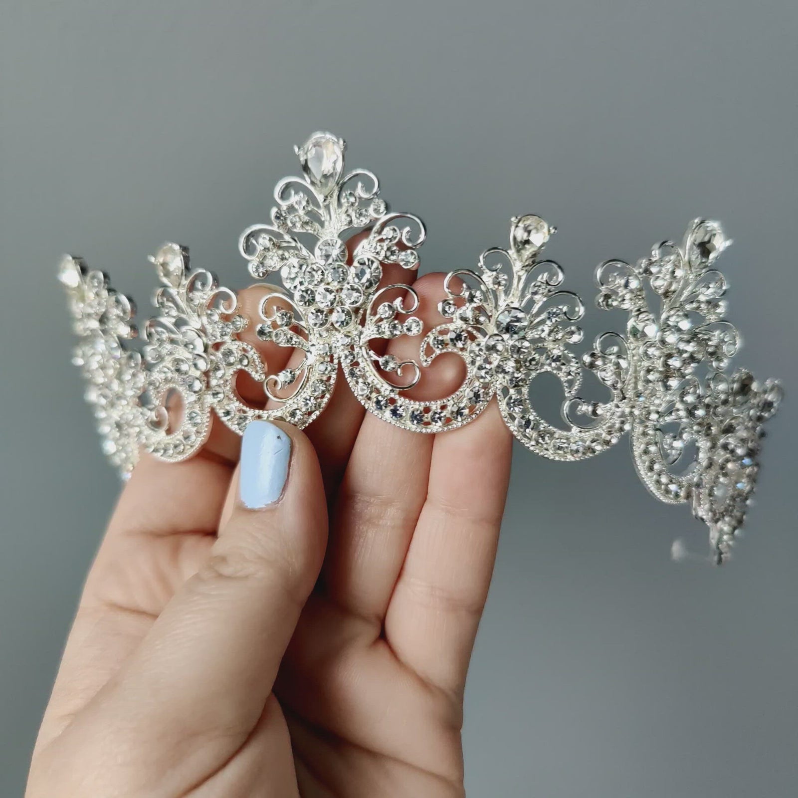 Scalloped wedding tiara in silver with rhinestones