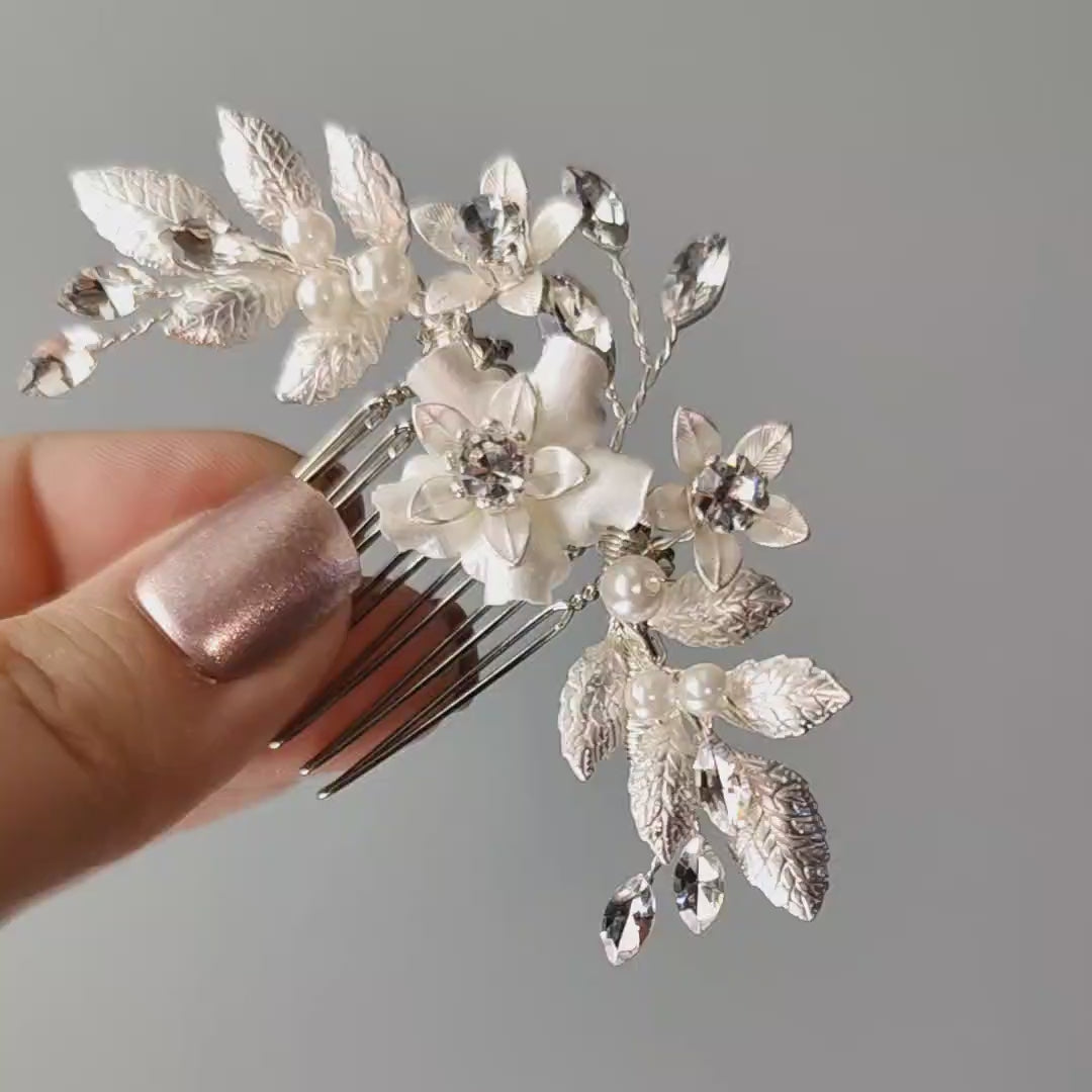 Pearl Wedding Comb with Porcelain Luster Flower