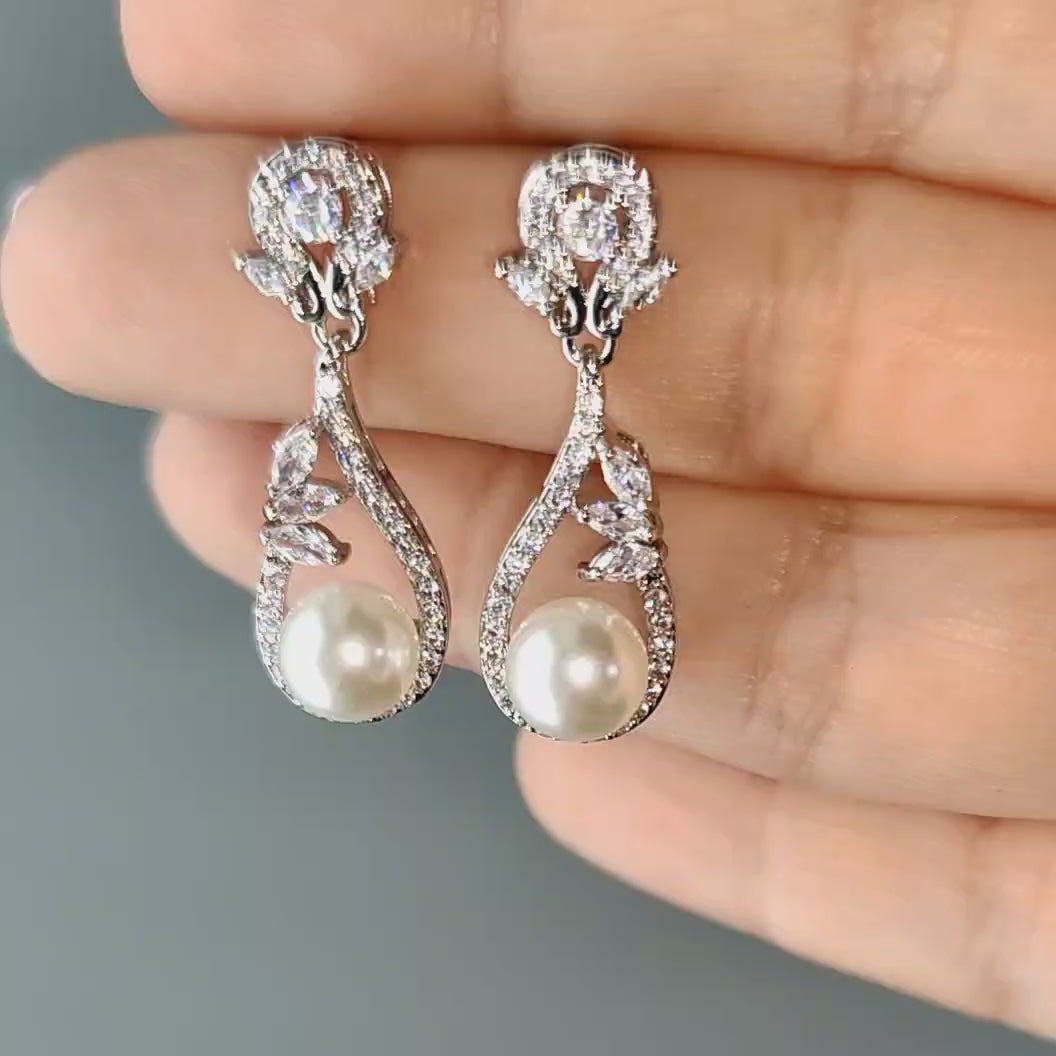 CZ Drop Earrings with Pearls for the Bride