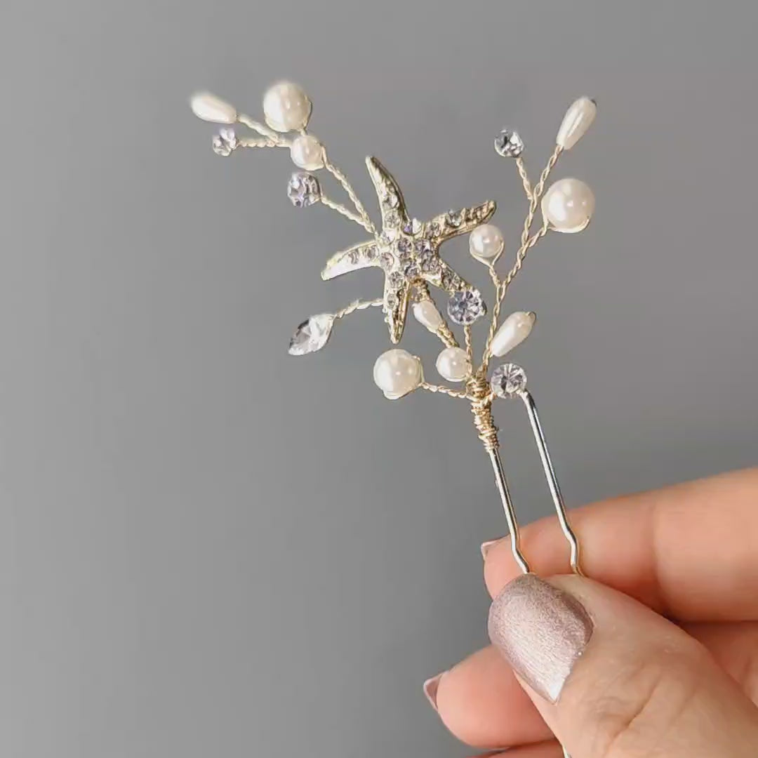 Gold starfish beach bride hair pin