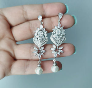 Vintage Pearl CZ Bridal Earrings