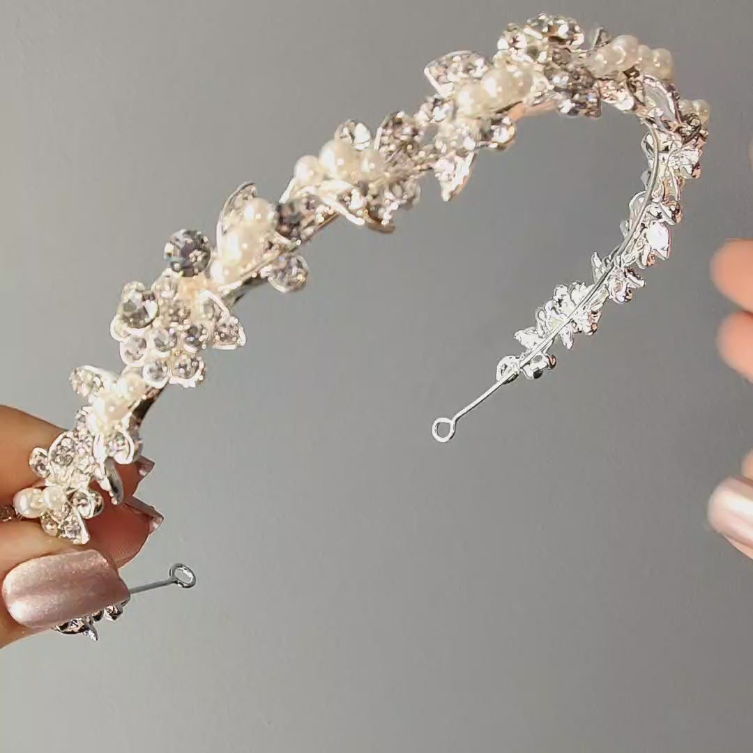 Wedding Tiara With Crystal Leaves and Tiny Pearls