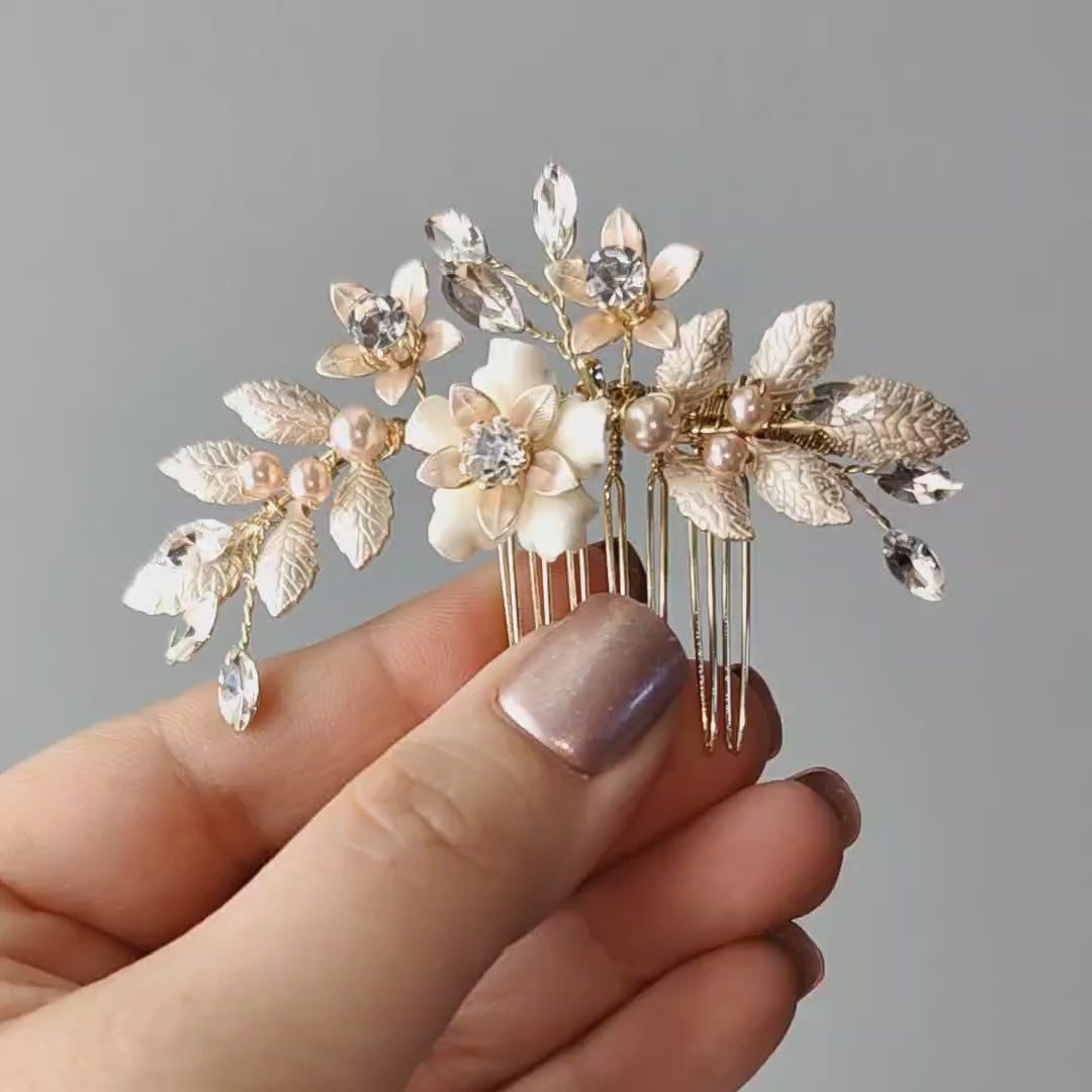 Pearl Wedding Comb with Porcelain Luster Flower