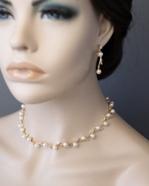 Pearl and CZ Leaves Necklace Set