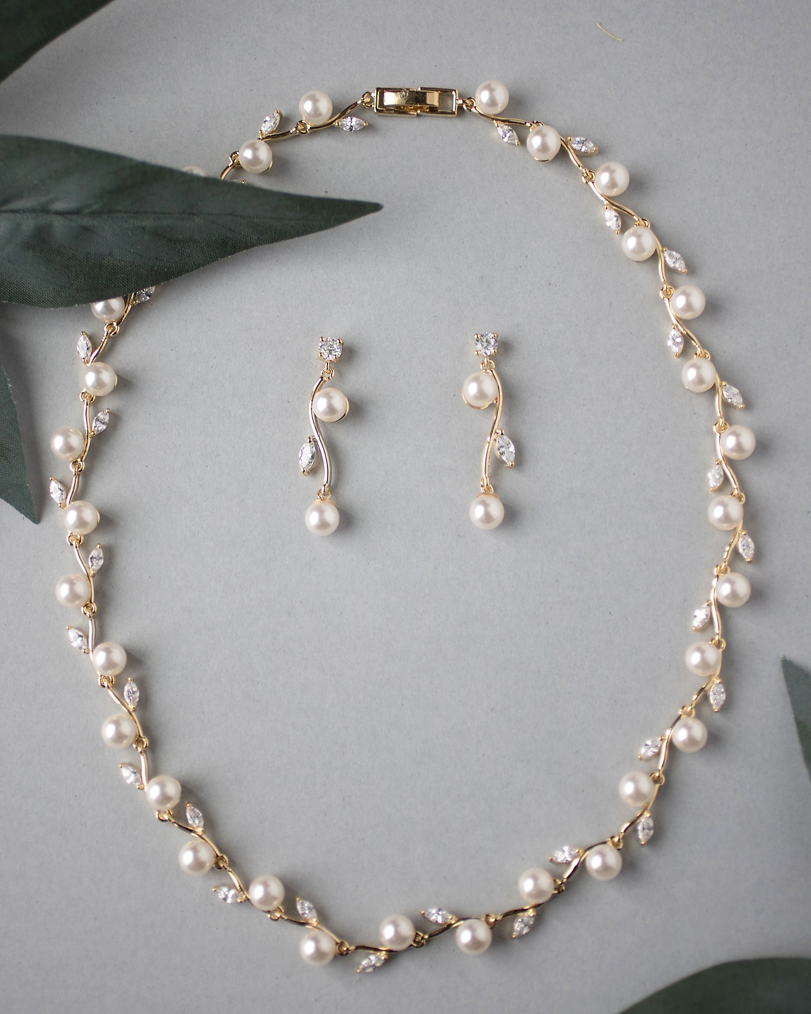 Pearl and CZ Leaves Necklace Set - Cassandra Lynne
