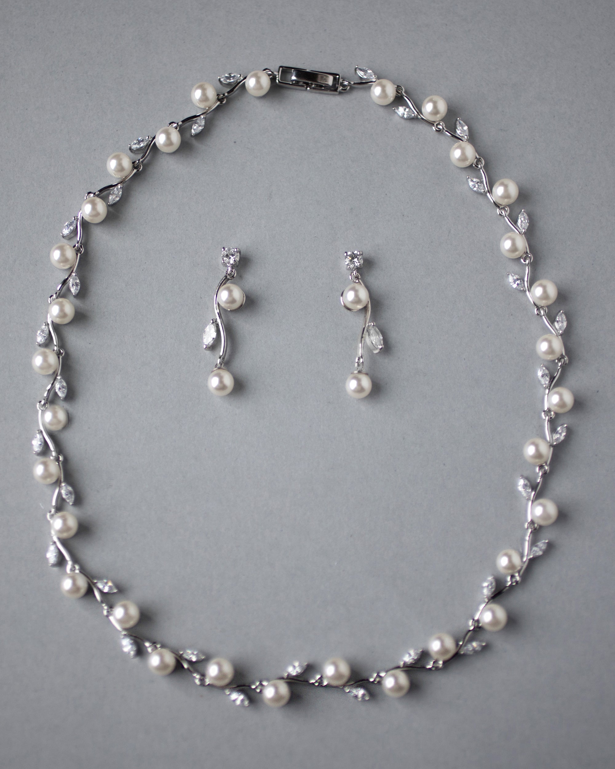 Pearl and CZ Leaves Necklace Set - Cassandra Lynne