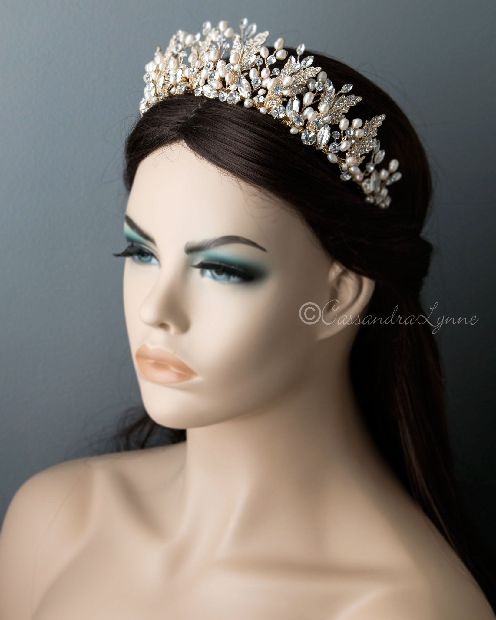 Tiara Adele Gold Pearl Wedding Crown - Cassandra Lynne