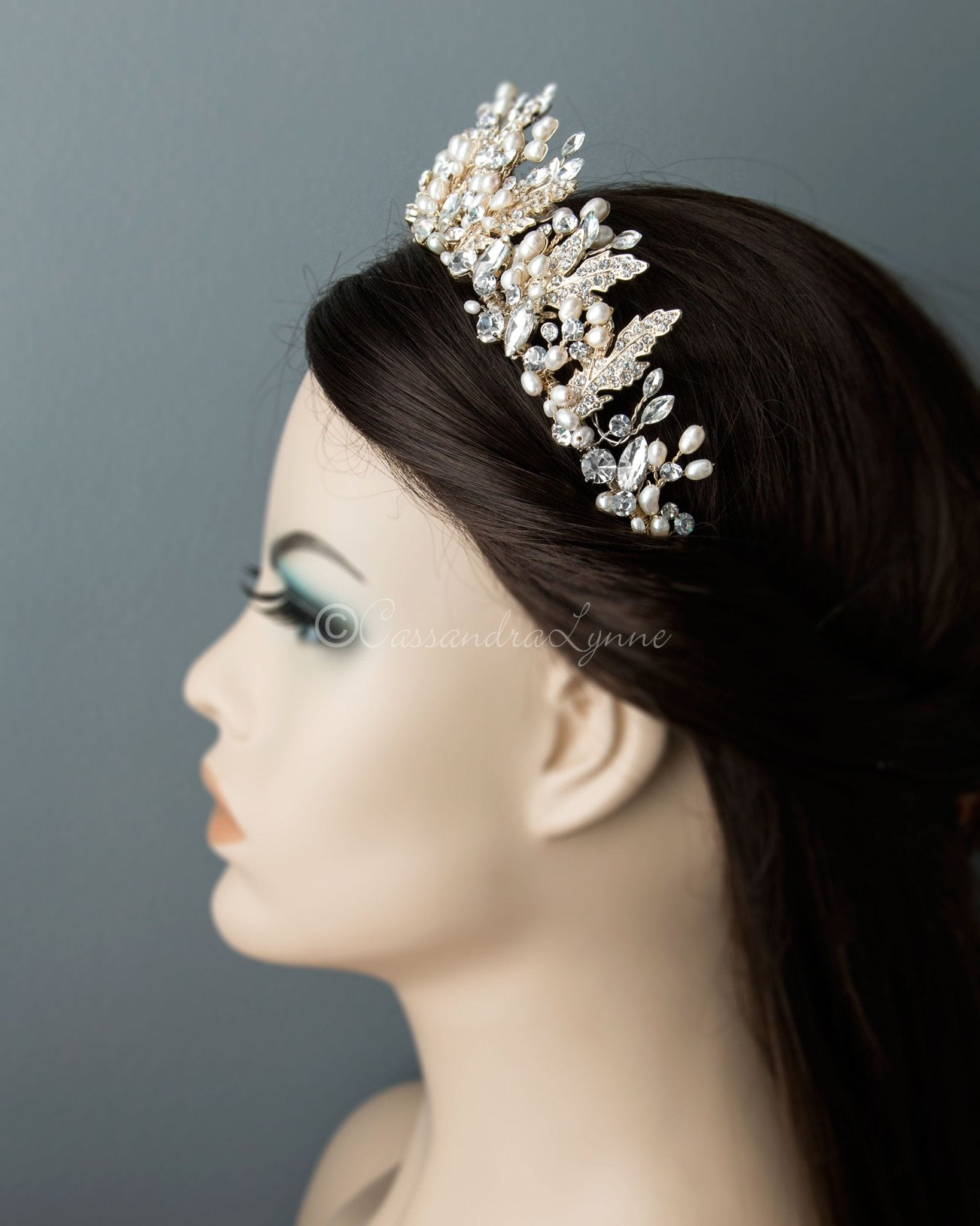 Tiara Adele Gold Pearl Wedding Crown - Cassandra Lynne