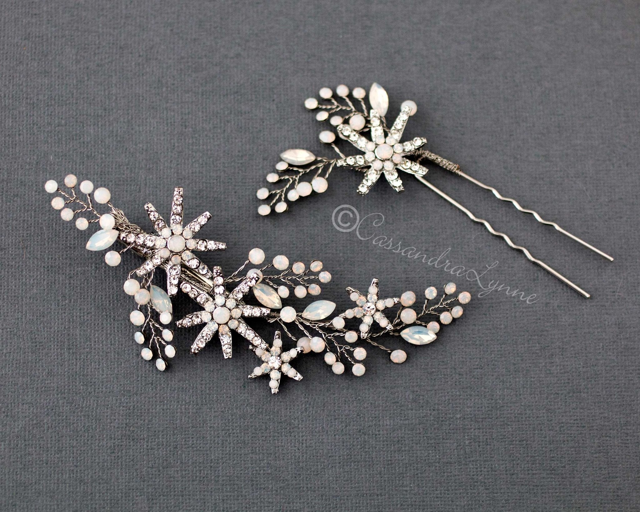 Antique Silver Opal Crystal Stars Hair Clip Set - Hair Clips - Cassandra Lynne