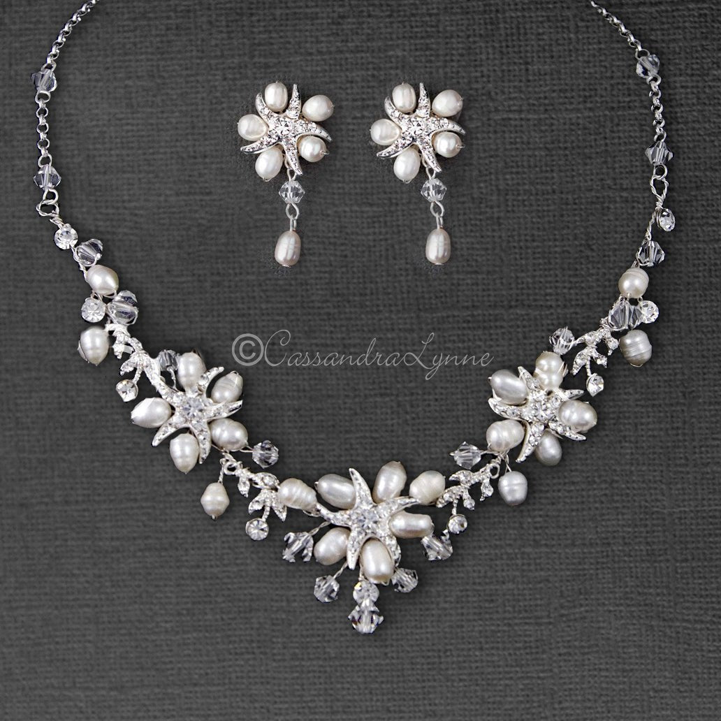 Beach Bride Necklace Set of Starfish Crystals and Pearls - Cassandra Lynne