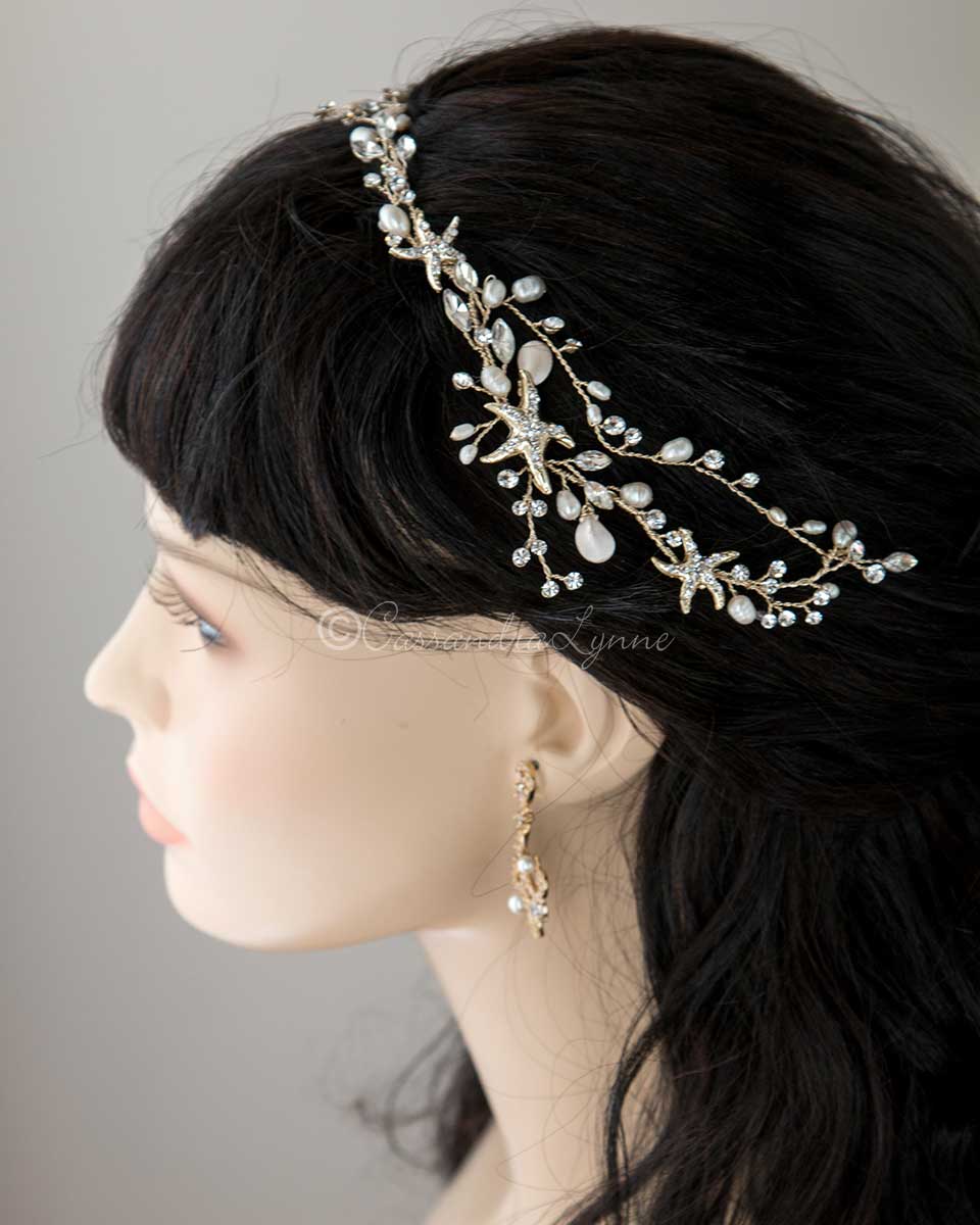 Beach Bride Starfish Headpiece in Light Gold - Hair Vine - Cassandra Lynne