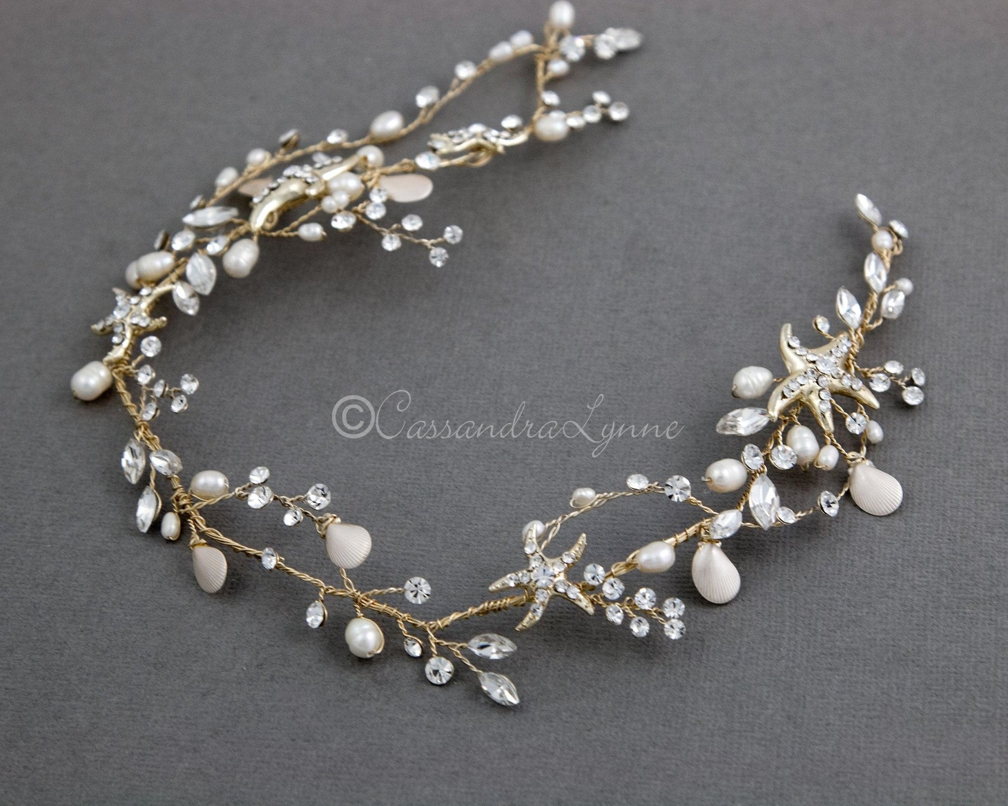 Beach Bride Starfish Headpiece in Light Gold - Hair Vine - Cassandra Lynne