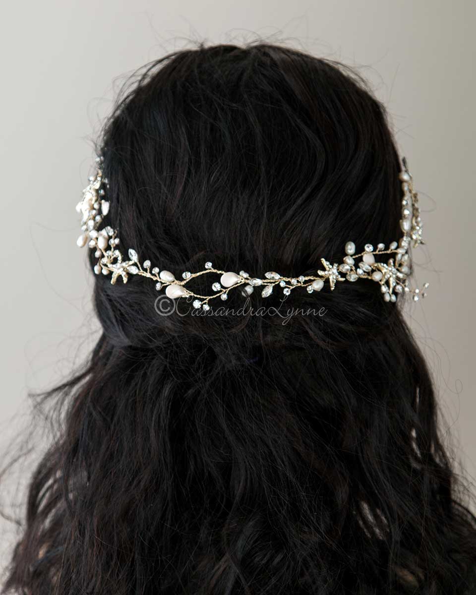 Beach Bride Starfish Headpiece in Light Gold - Hair Vine - Cassandra Lynne