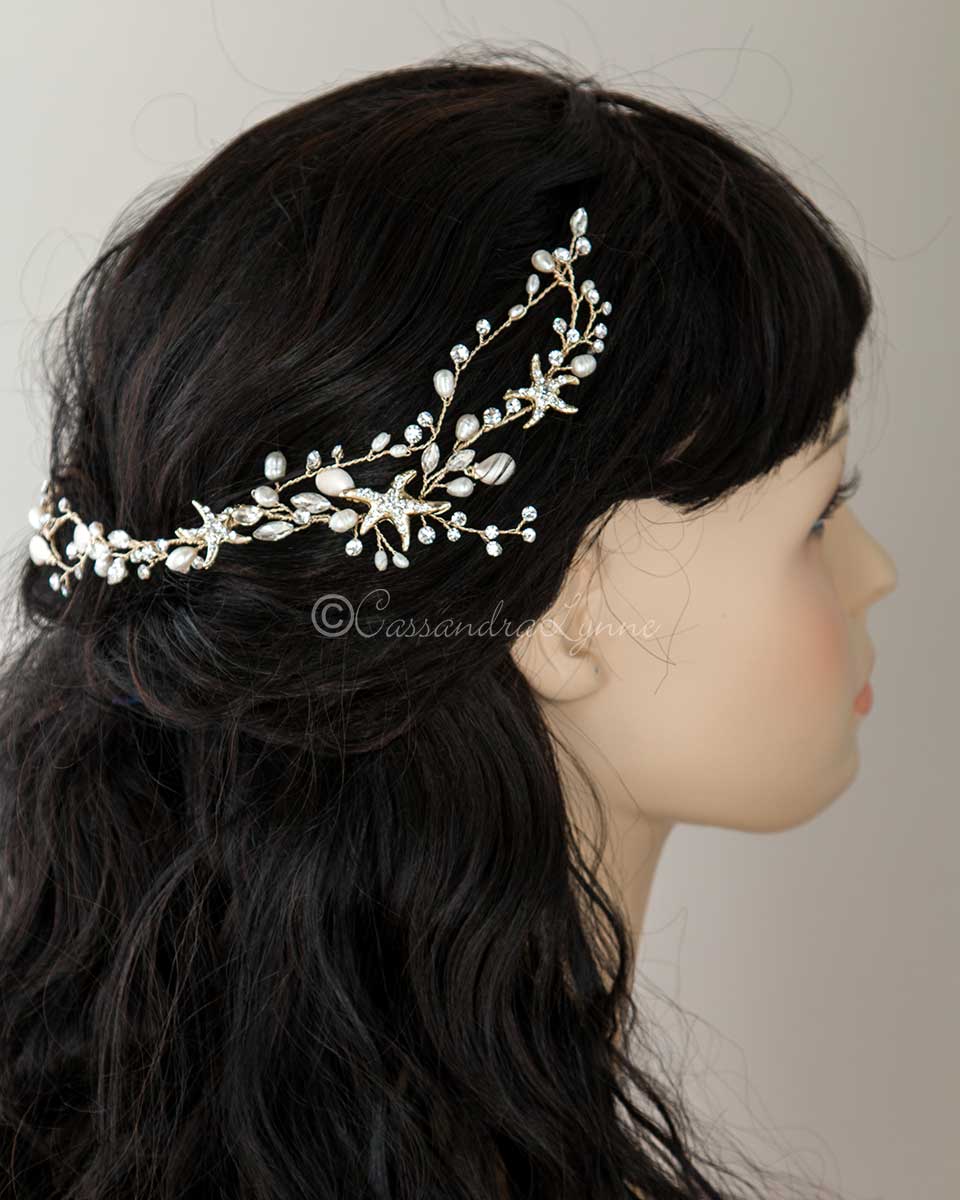 Beach Bride Starfish Headpiece in Light Gold - Hair Vine - Cassandra Lynne