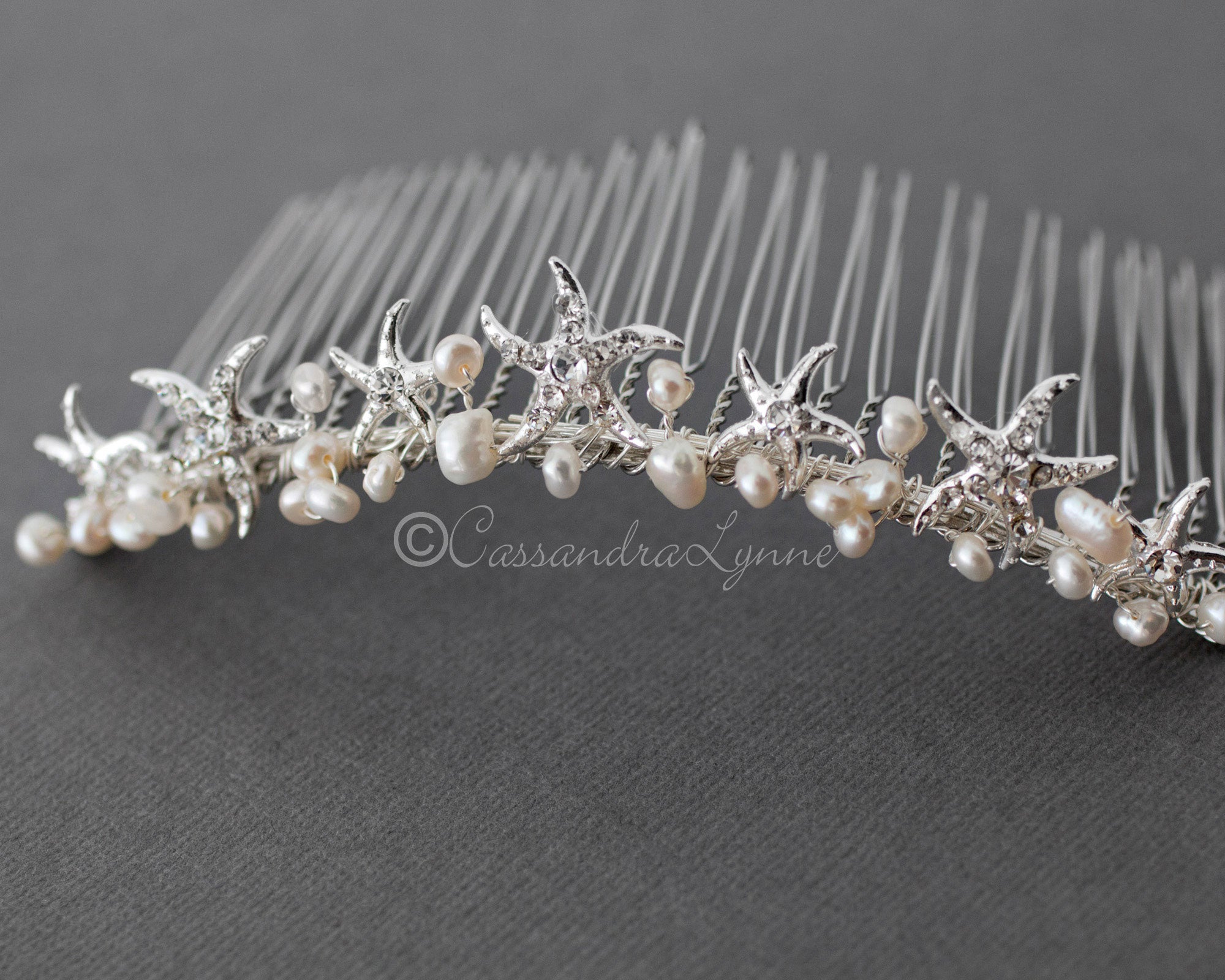 Beach Tiara Comb with Starfish and Freshwater Pearls - Tiara - Cassandra Lynne