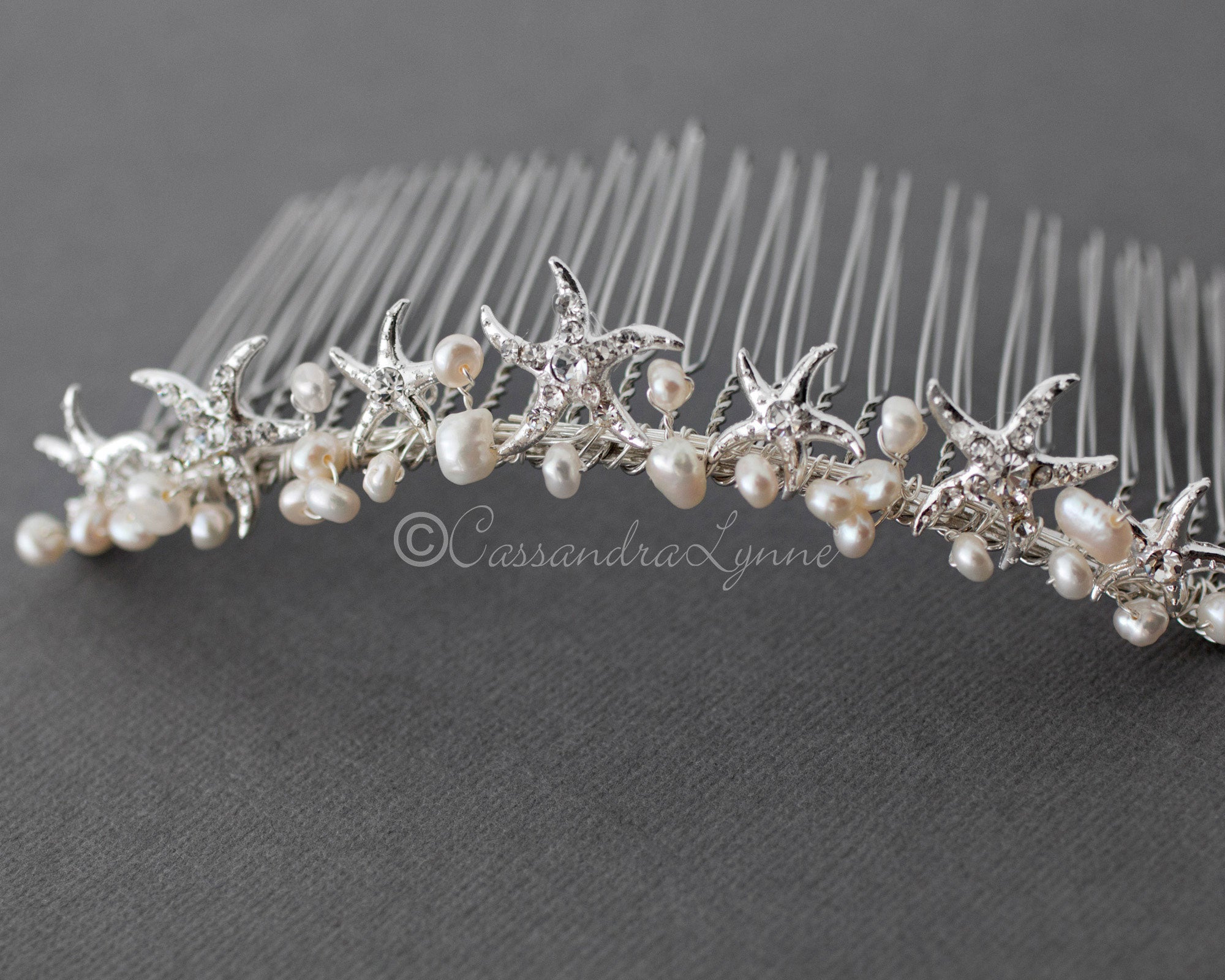 Beach Tiara Comb with Starfish and Freshwater Pearls - Cassandra Lynne