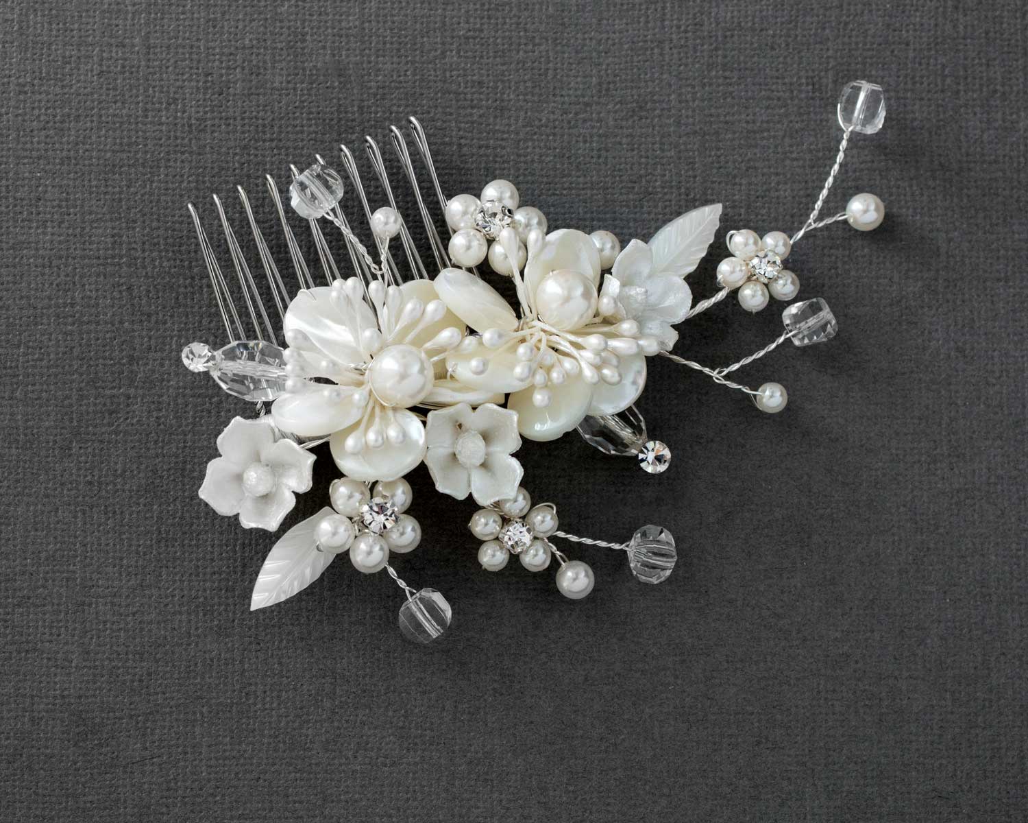 Beach Wedding Comb of Shell Flowers and Crystal