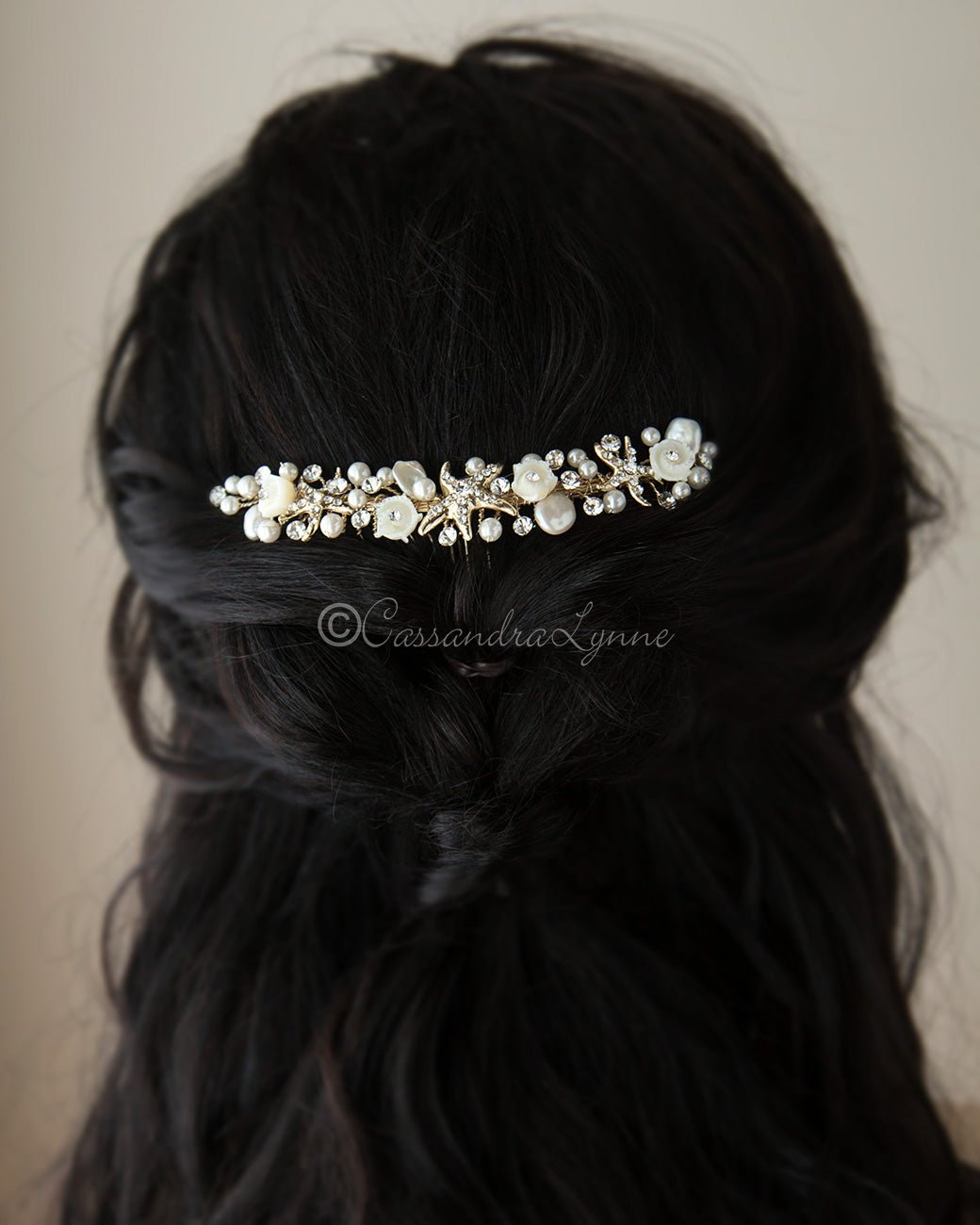 Beach Wedding Comb of Starfish and Shell Flowers Gold hot Bridal Tiara