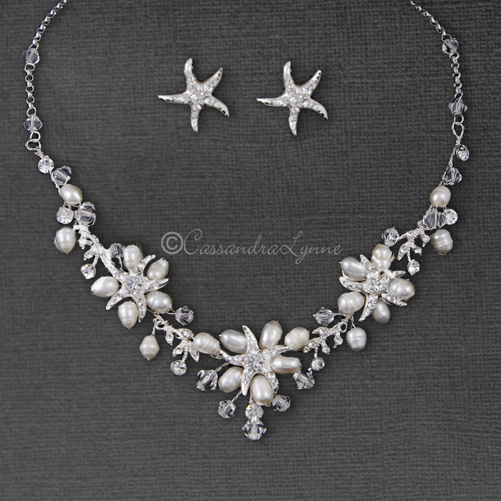 Beach Wedding Necklace Set of Starfish Crystals and Pearls - Cassandra Lynne