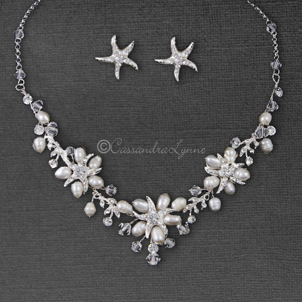 2024 Beach Wedding Accessories Crystal Starfish Necklace Set Bridal Silver