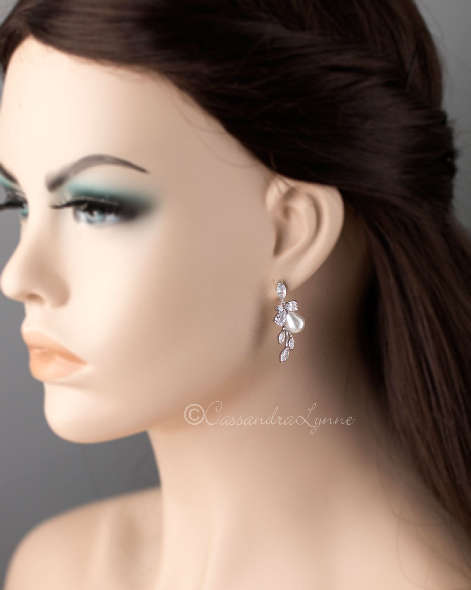 Teardrop Pearl Flower CZ Bridal Earrings - Cassandra Lynne