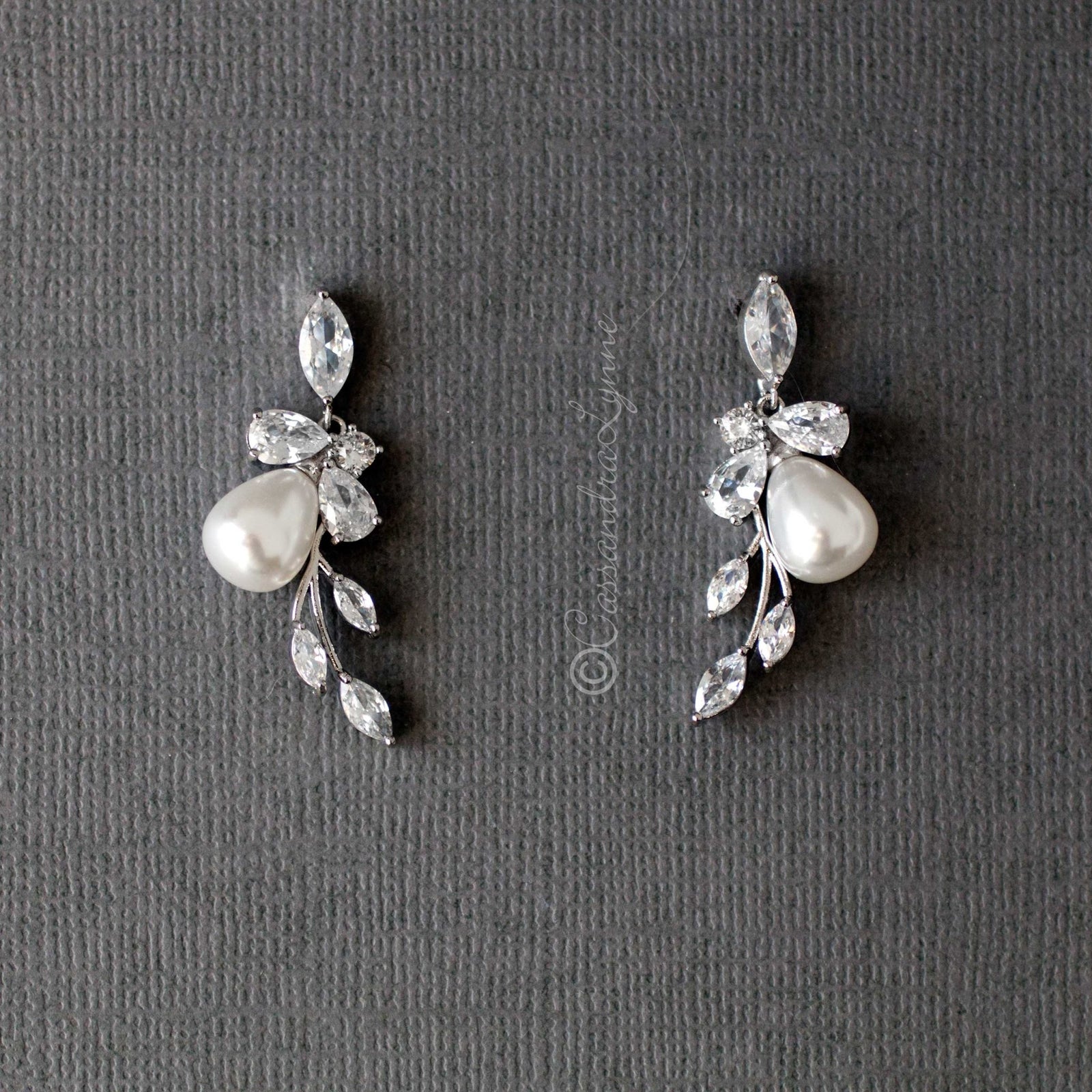 Silver CZ Cubic Zirconia Crystal Flower Bridal Earrings with Teardrop on sale Pearl - White or Ivory Pearl Wedding Jewelry