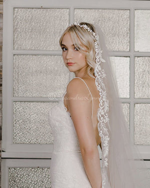 Bold Sequin and Pearl Lace Veil Cathedral or Fingertip - Cassandra Lynne