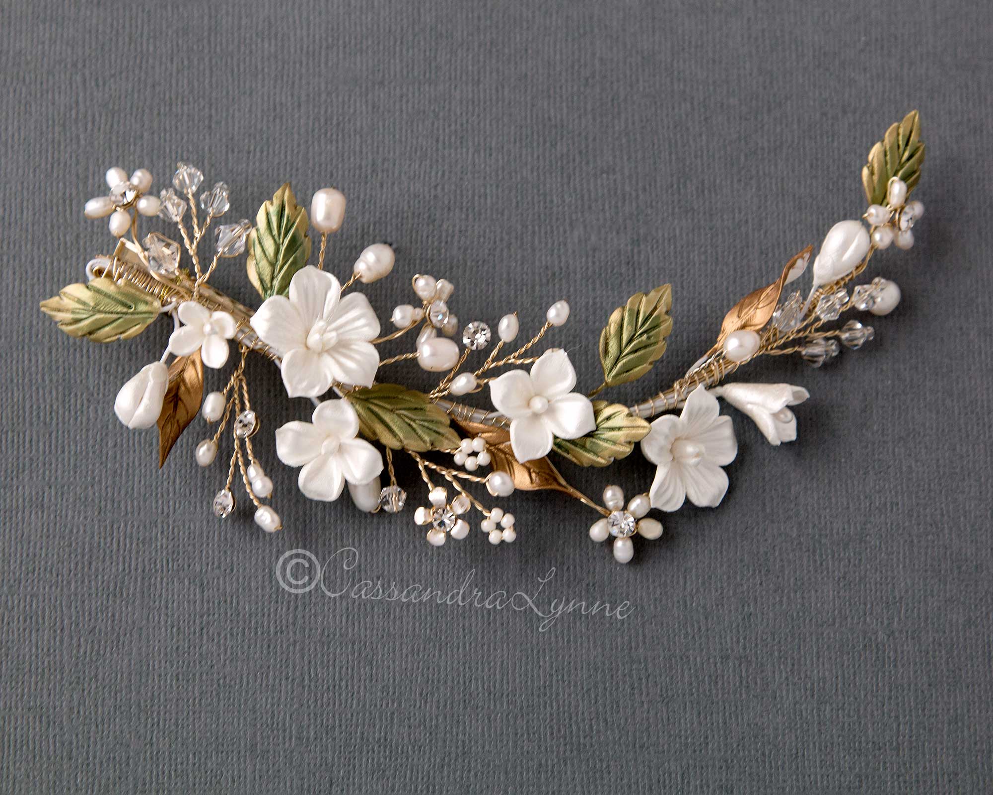 Bridal Clip with Green Leaves and Porcelain Flowers