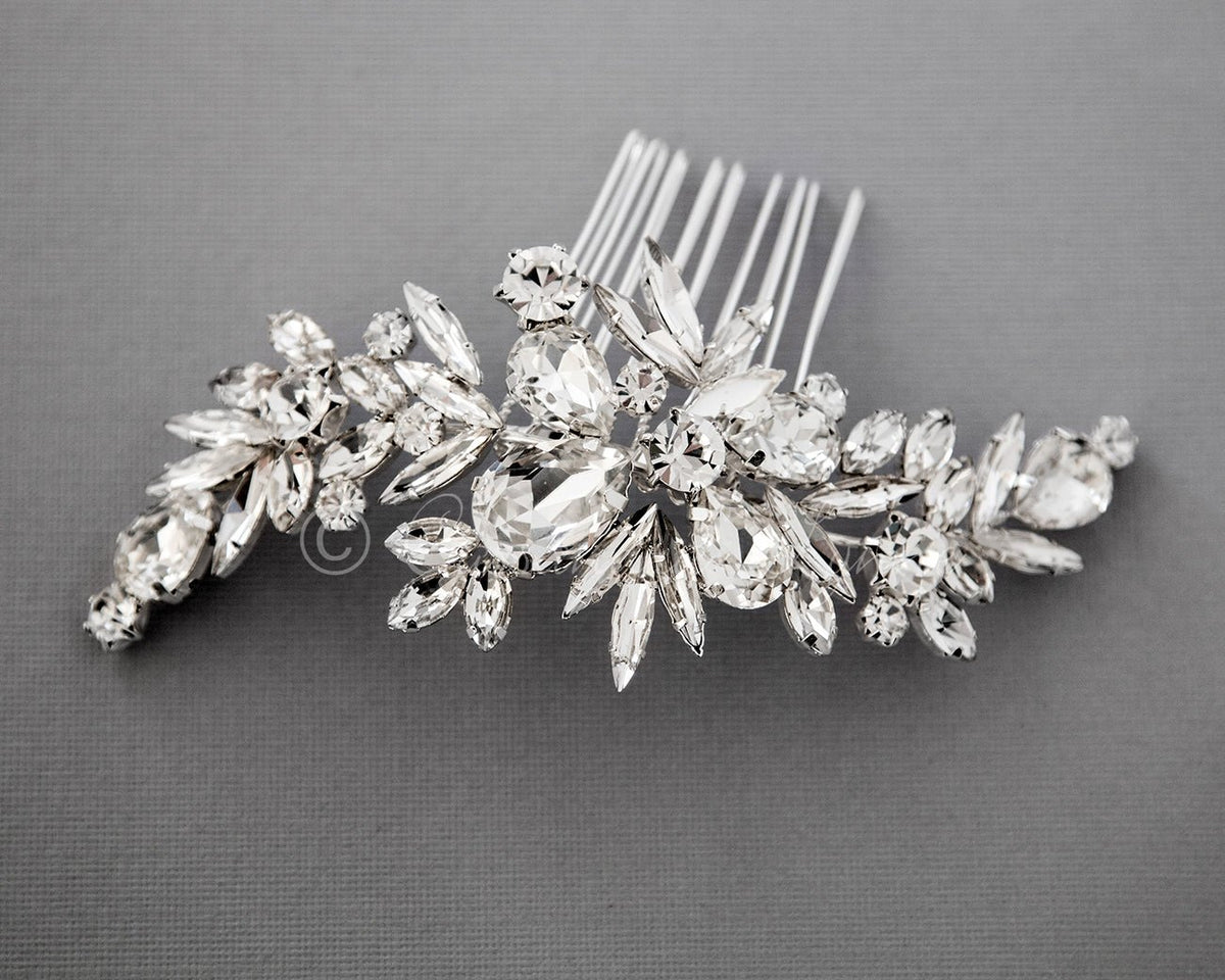 Bridal Comb of Elongated Round and Teardrop Jewels
