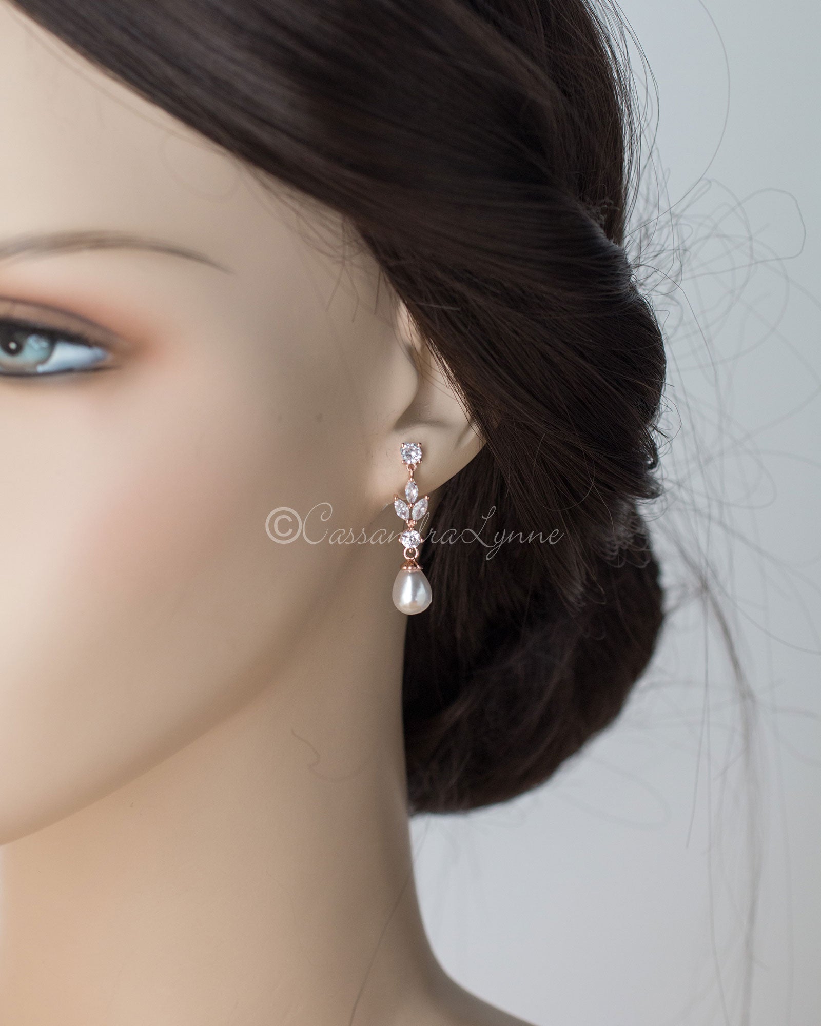 Bridal Earrings of Teardrop Pearls and CZ - Earrings - Cassandra Lynne