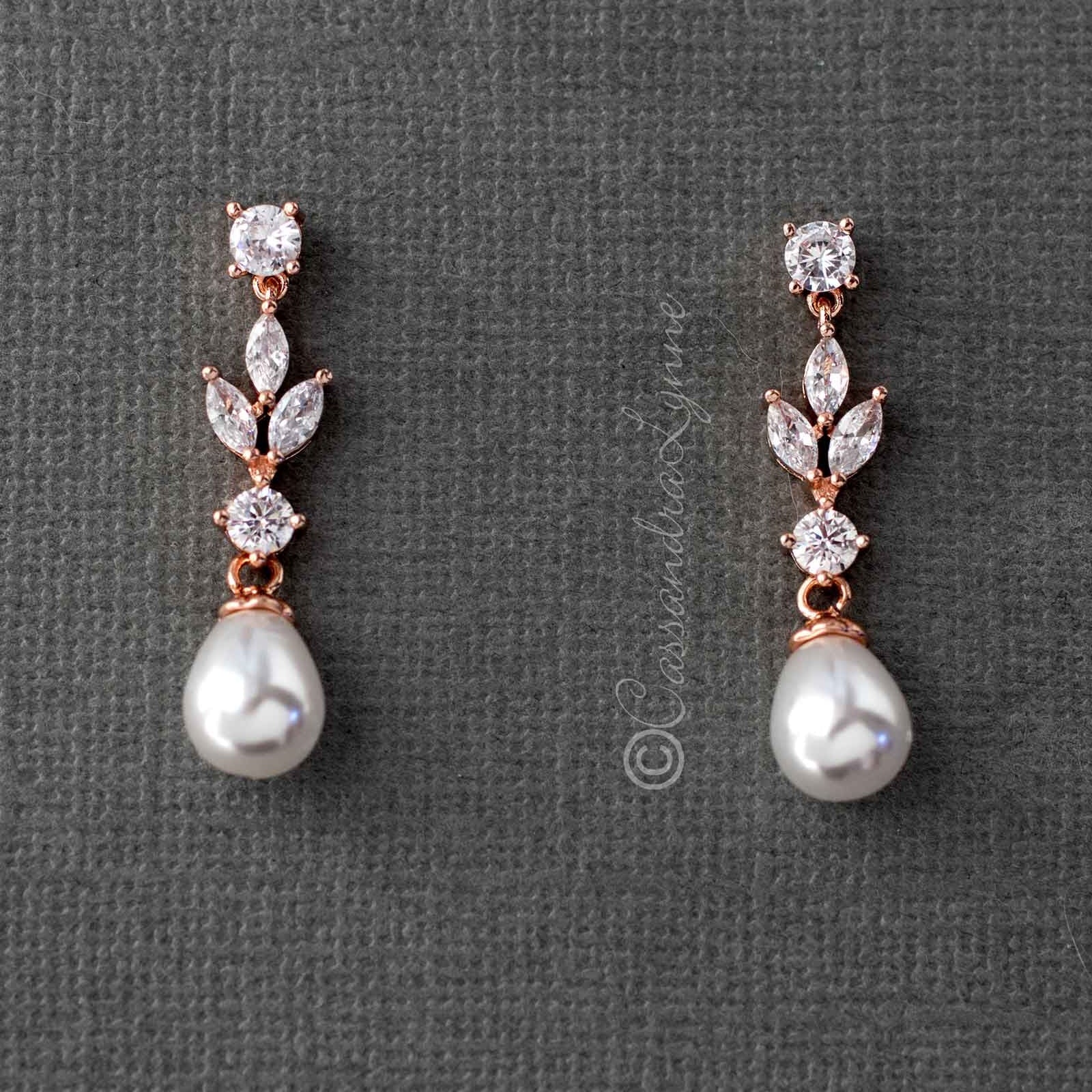 Bridal Earrings of Teardrop Pearls and CZ - Earrings - Cassandra Lynne