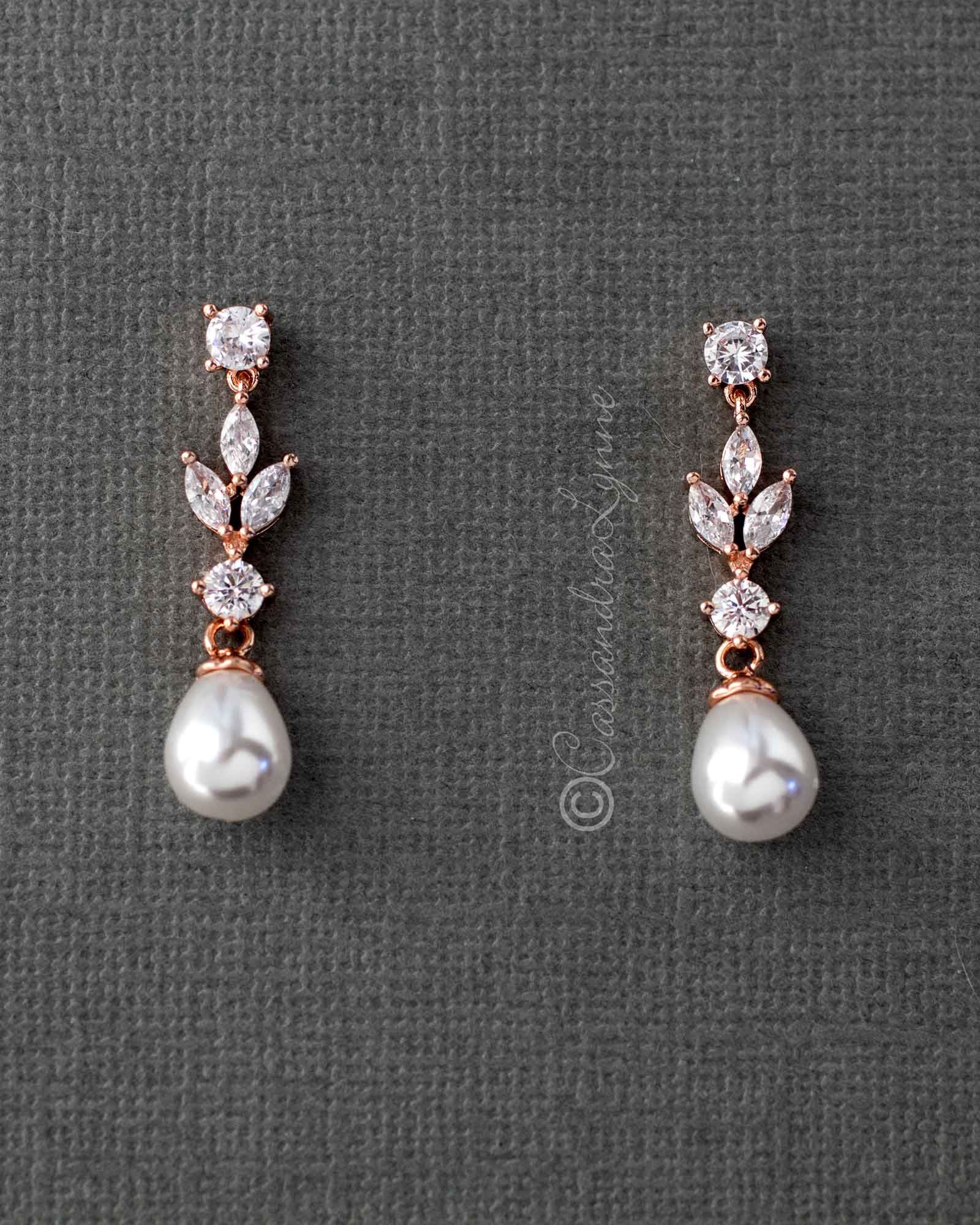 Bridal Earrings of Teardrop Pearls and CZ - Earrings - Cassandra Lynne