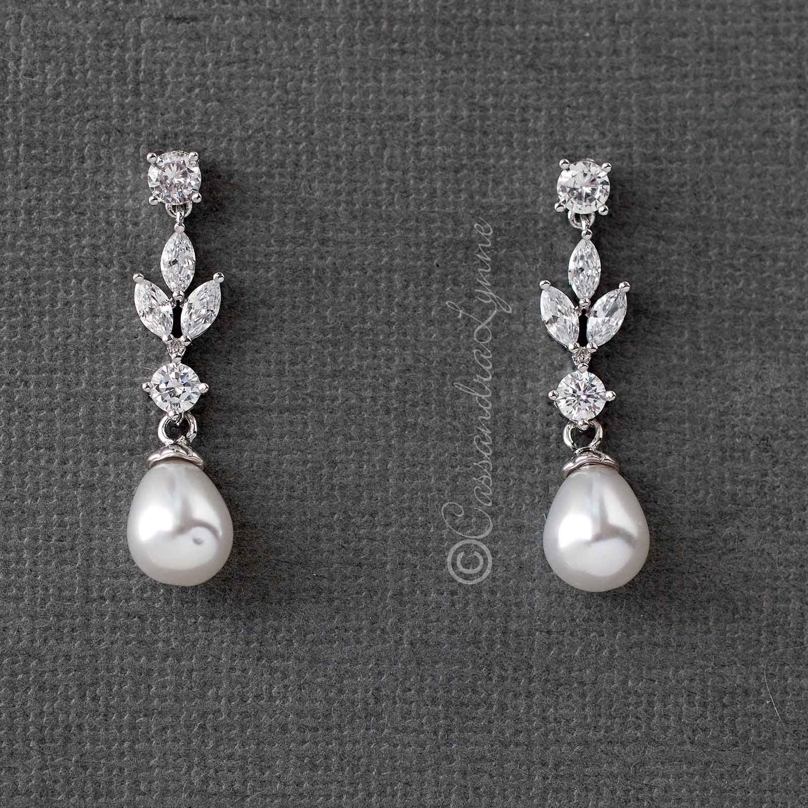 Bridal Earrings of Teardrop Pearls and CZ - Earrings - Cassandra Lynne