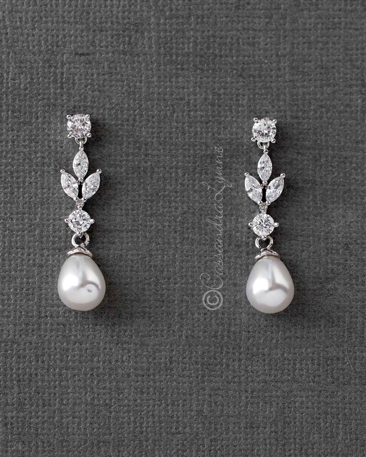 Bridal Earrings of Teardrop Pearls and CZ - Earrings - Cassandra Lynne