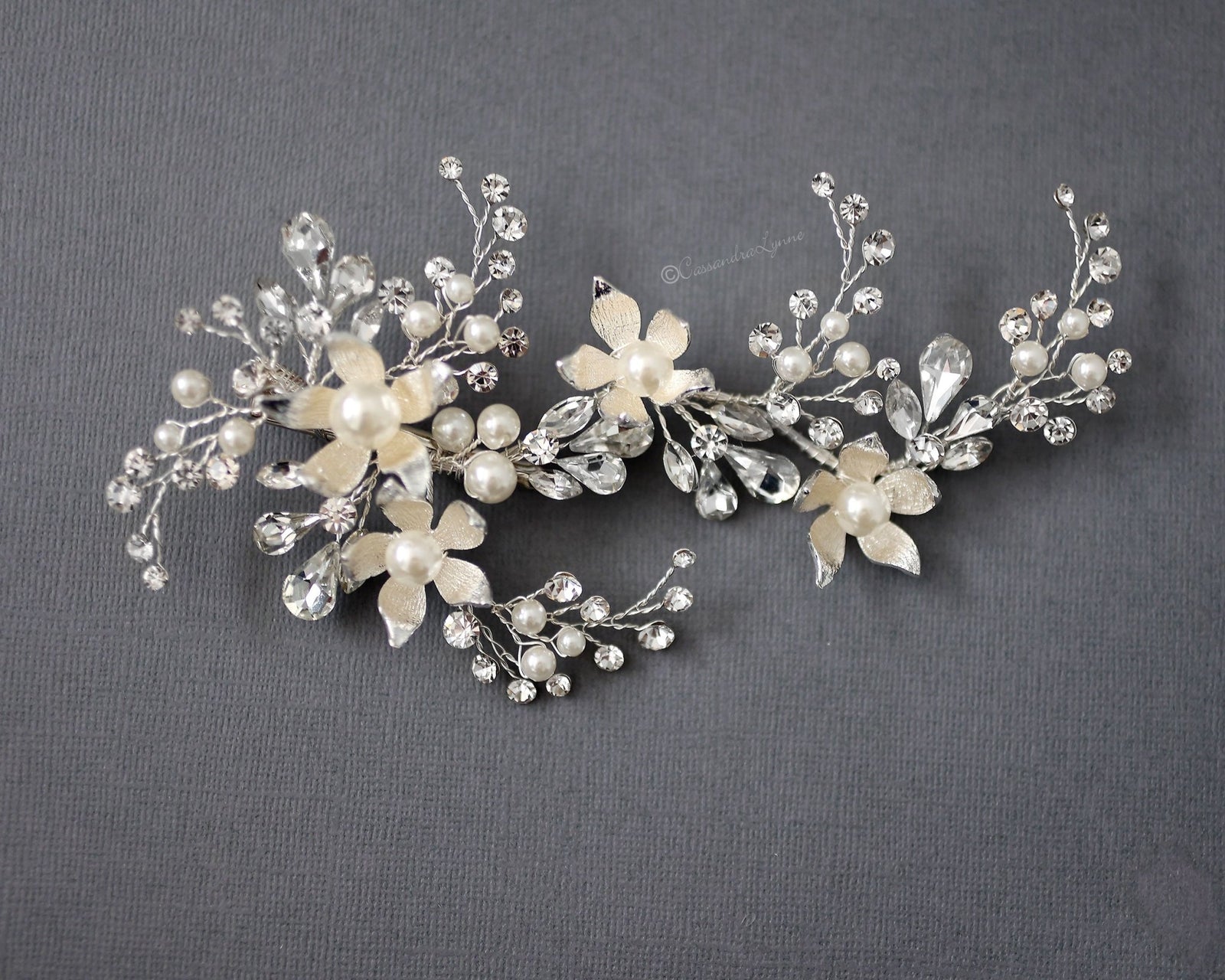 Mariell Bridal Wedding Hair Clip with White Resin Flowers, Pearls Matte  Silver Leaves 4656HC-I-S