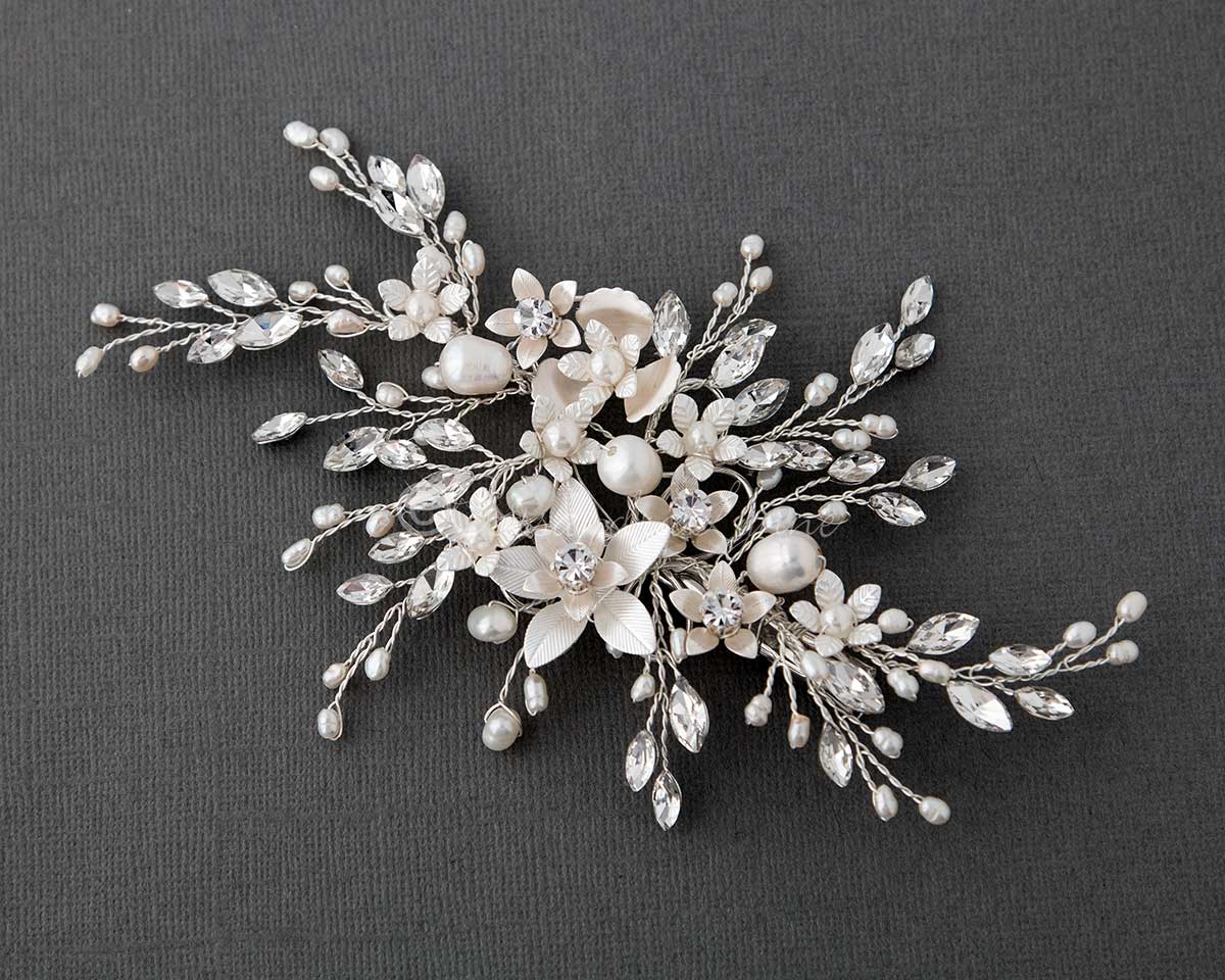 Bridal Hair Clip with Marquise and Pearl Sprays Silver