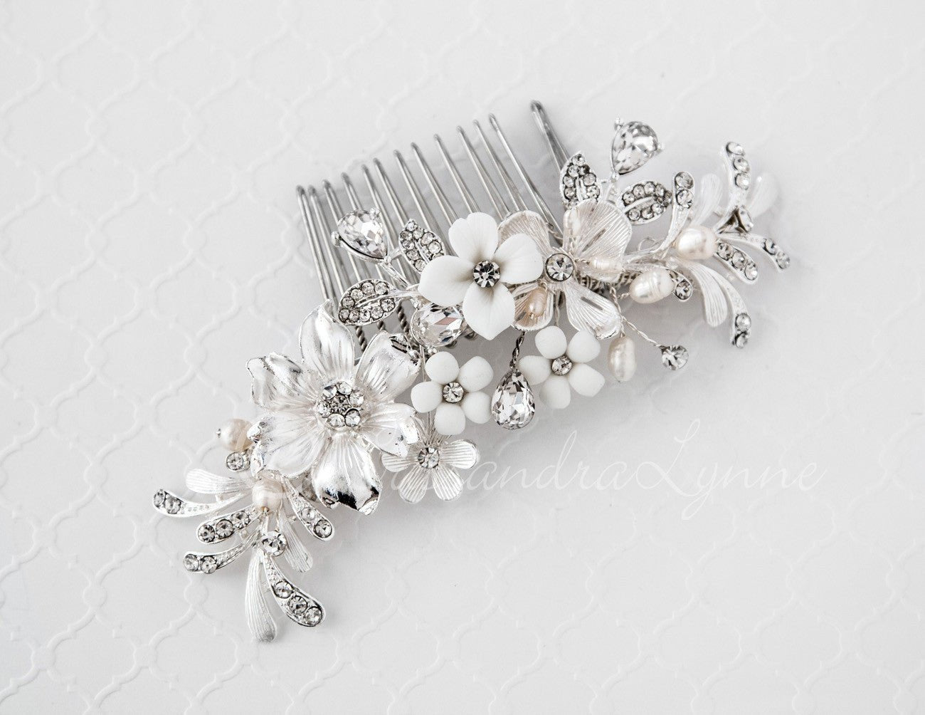 Bridal Hair Comb of Porcelain Flowers and Pearls - Hair Comb - Cassandra Lynne