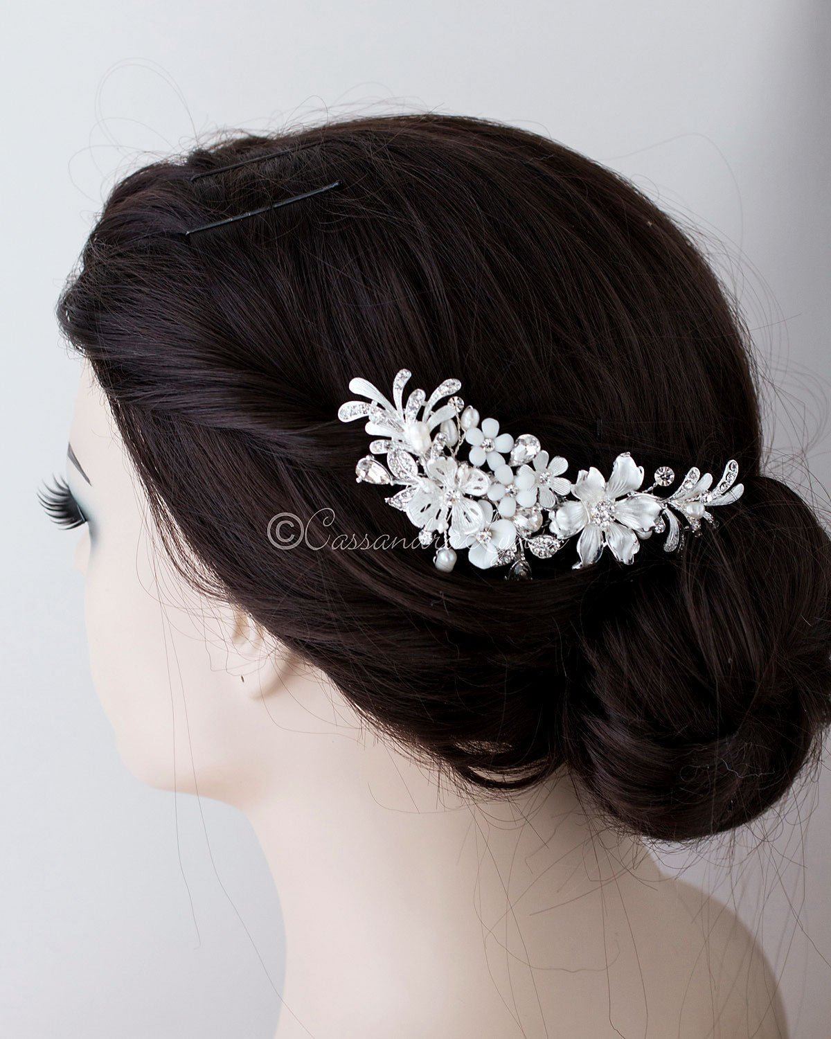 Bridal Hair Comb of Porcelain Flowers and Pearls - Hair Comb - Cassandra Lynne